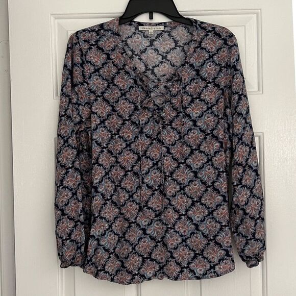 Daniel Rainn Paisley Print Long Sleeve Blouse Navy Blue & Pink peasant V-Neck - Picture 1 of 4